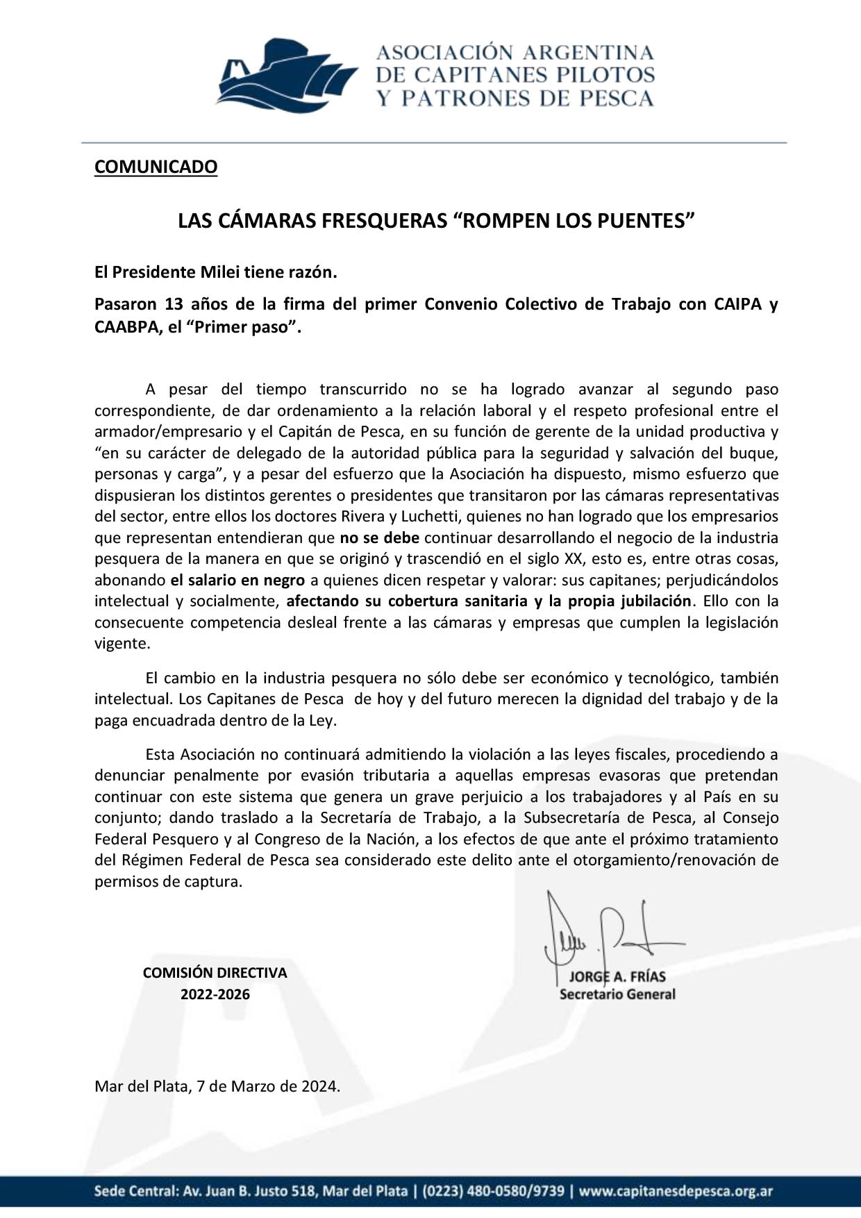 COMUNICADO. LAS CMARAS FRESQUERAS ROMPEN LOS PUENTES